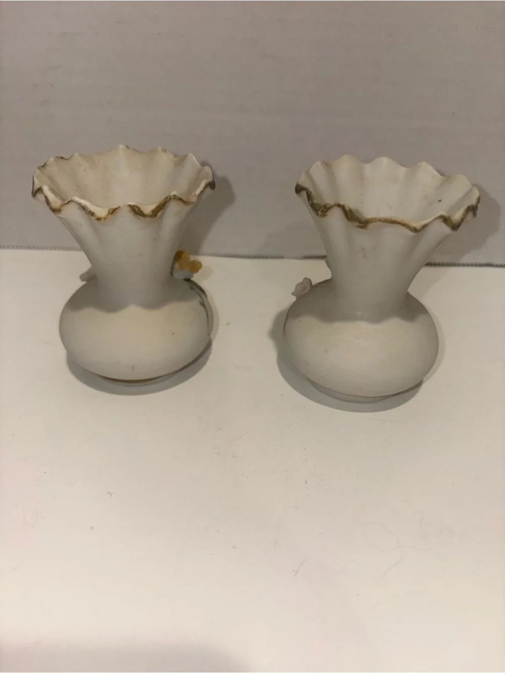 Vintage Tai White Porcelain Floral Bud Vases with Pink and Yellow Roses